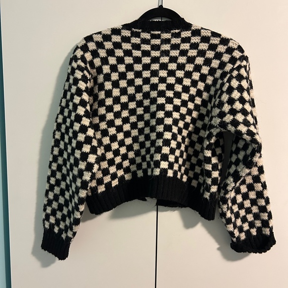 Zara Chunky Knit Checkered Cardigan Sweater Black White Size Small - Picture 4 of 4